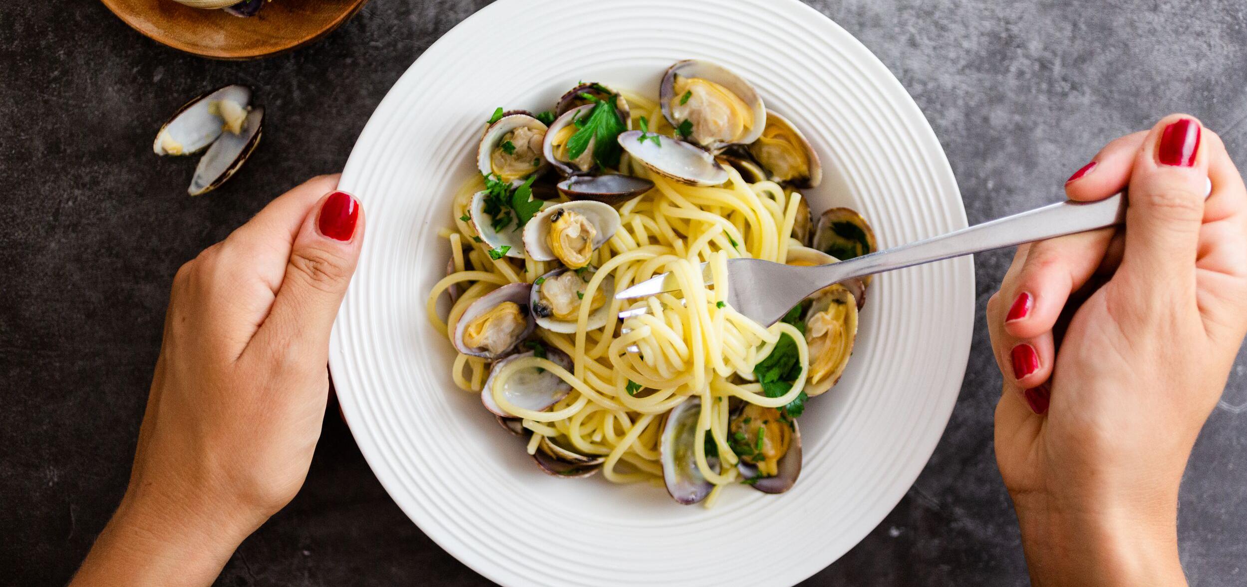 a plate of seafood pasta