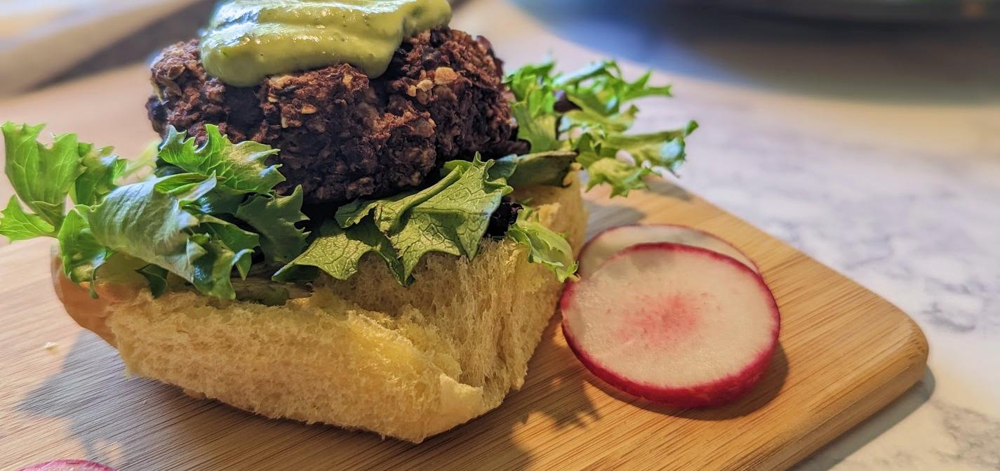 black bean burger with cilantro avocado dressing